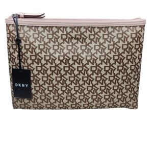 DKNY Large Top Zip Pouch Brown & Pink Cosmetic Bag with Monogram Design Pattern